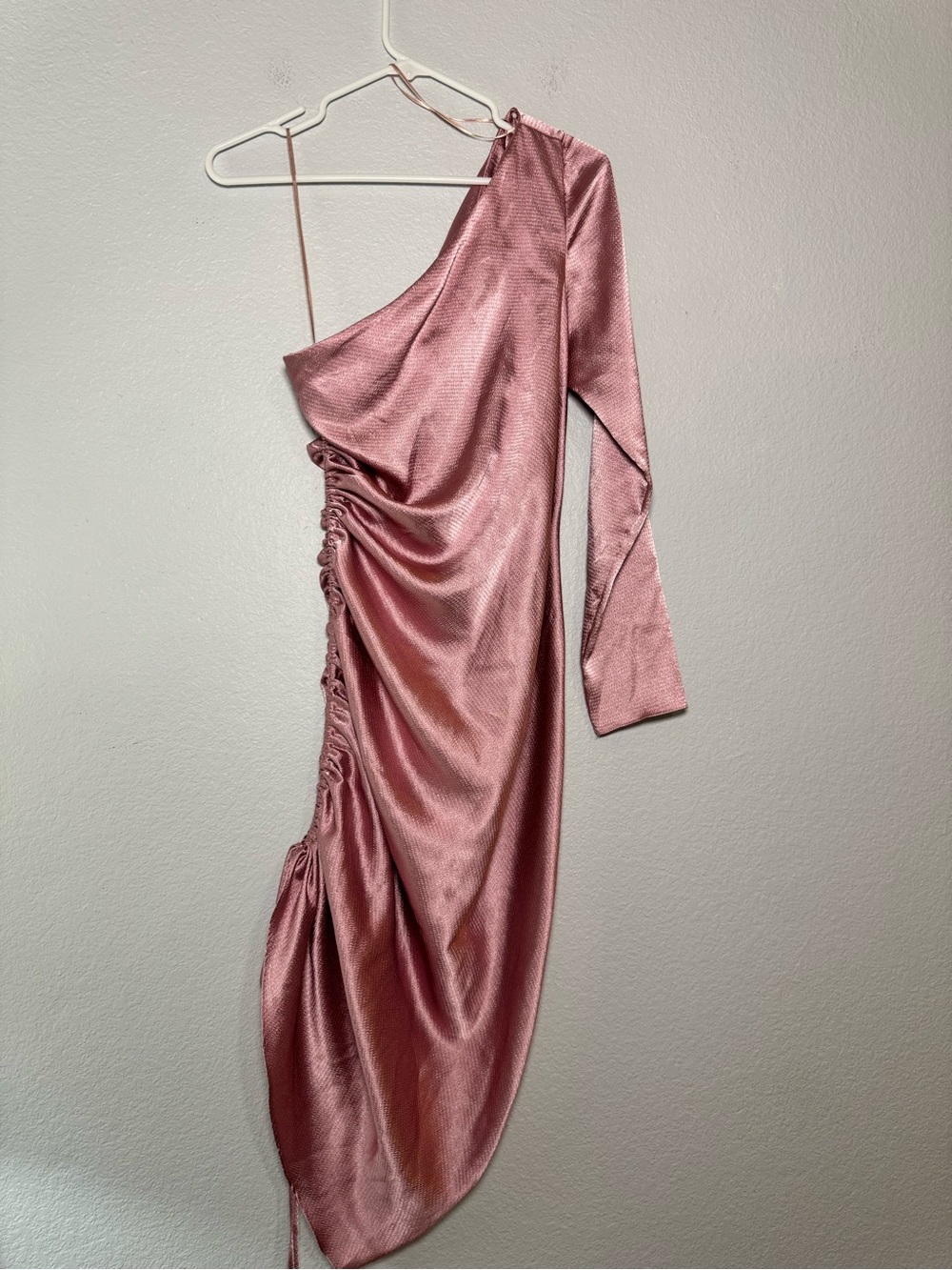 One Shoulder Asymmetrical Satin Slip Dress in Dusty Rose Topshop